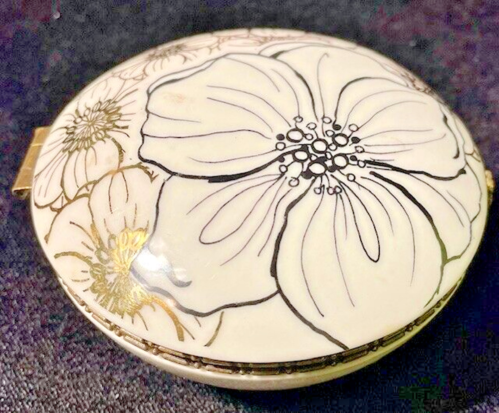 Trinket Box Anthropologie Ceramic White Gold & Black Floral 3.5" Vintage